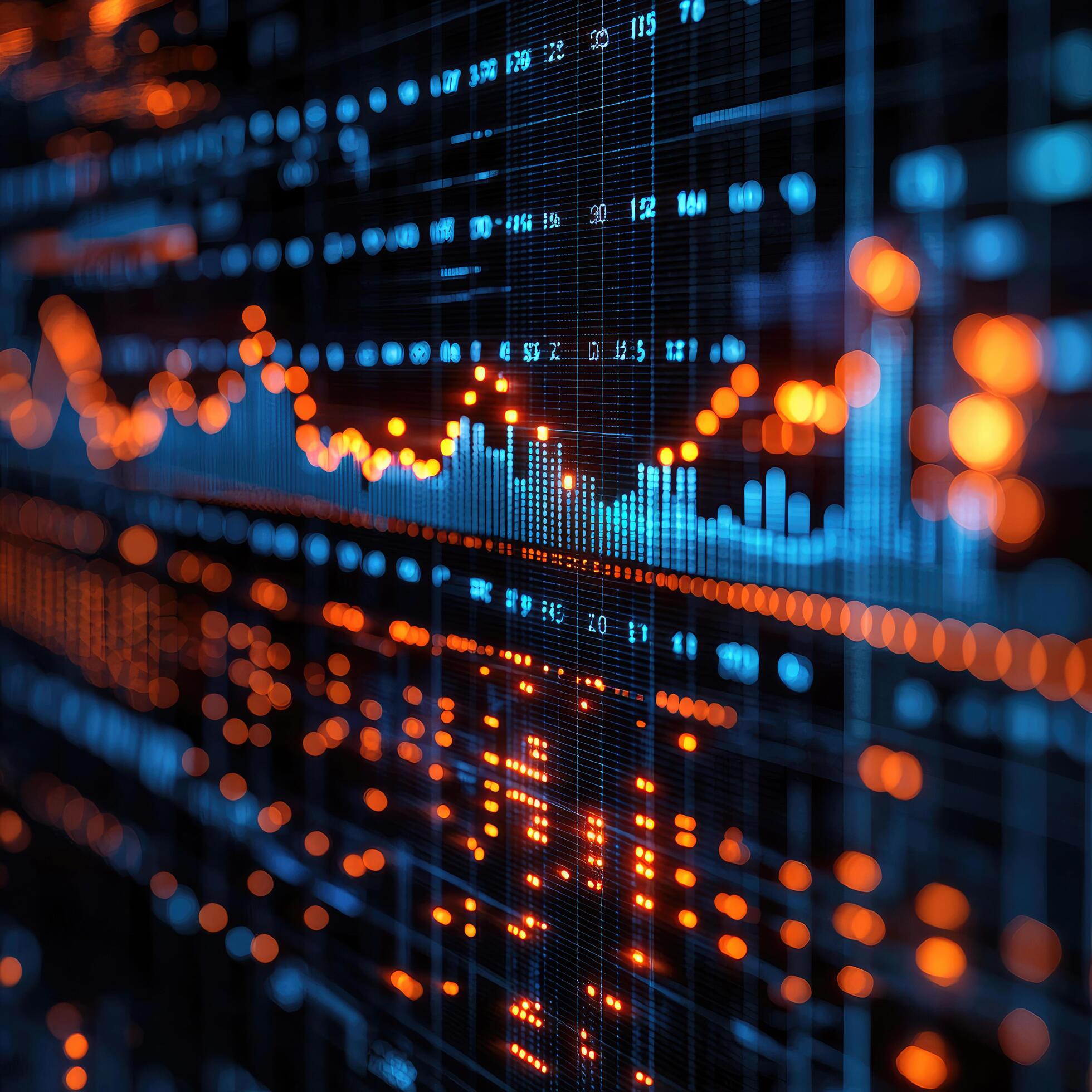 Financial market data terminal display with candlestick chart and numeric tickers